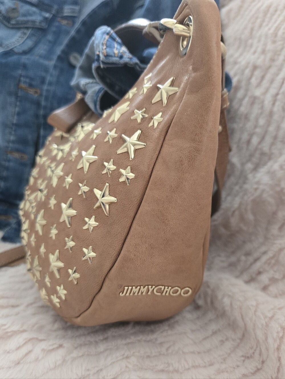 Authentic JIMMY CHOO Sky Star Studded Camel Leather Hobo Sloutch Satchel - Picture 3 of 16